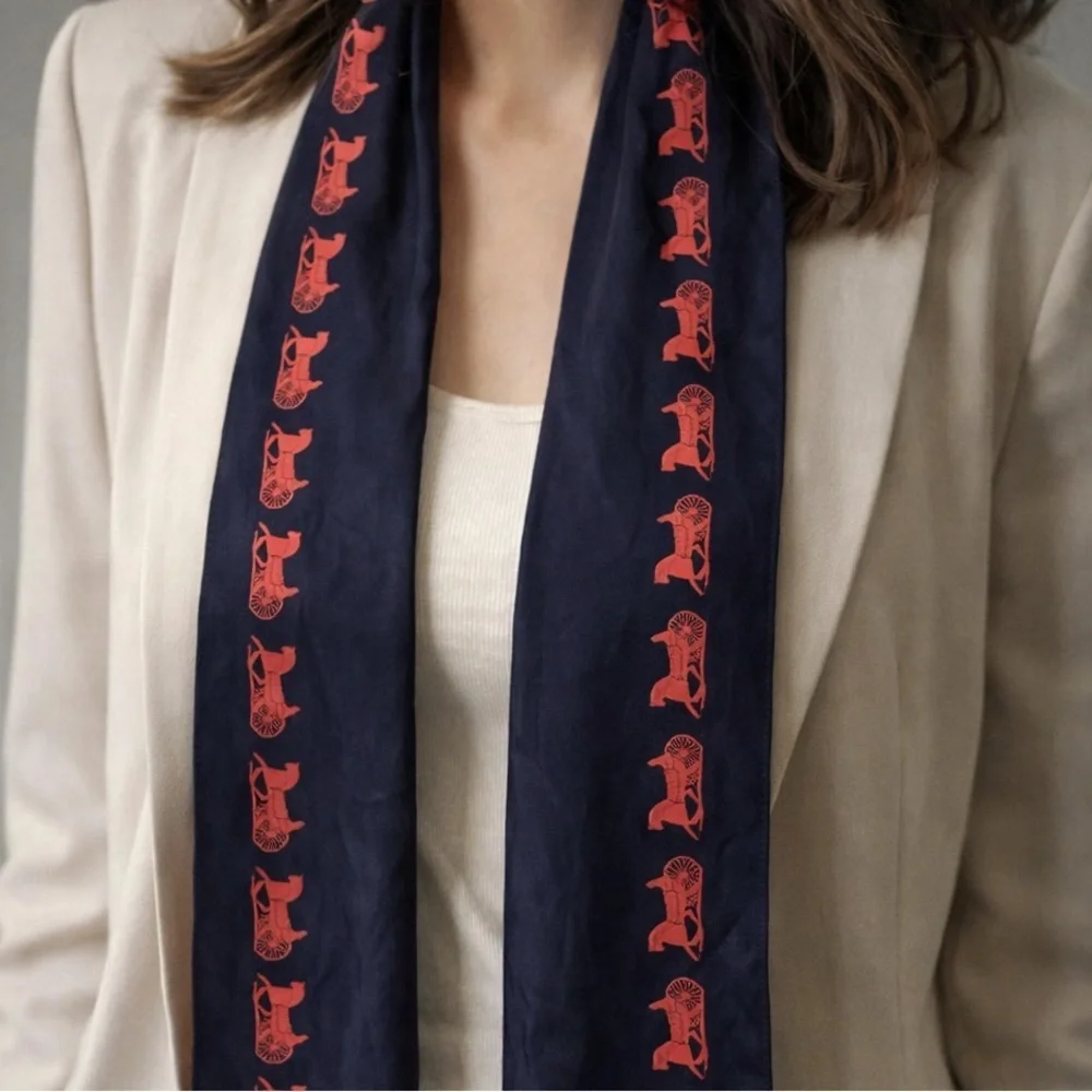 Celine Paris Navy and Red Silk Long Scarf